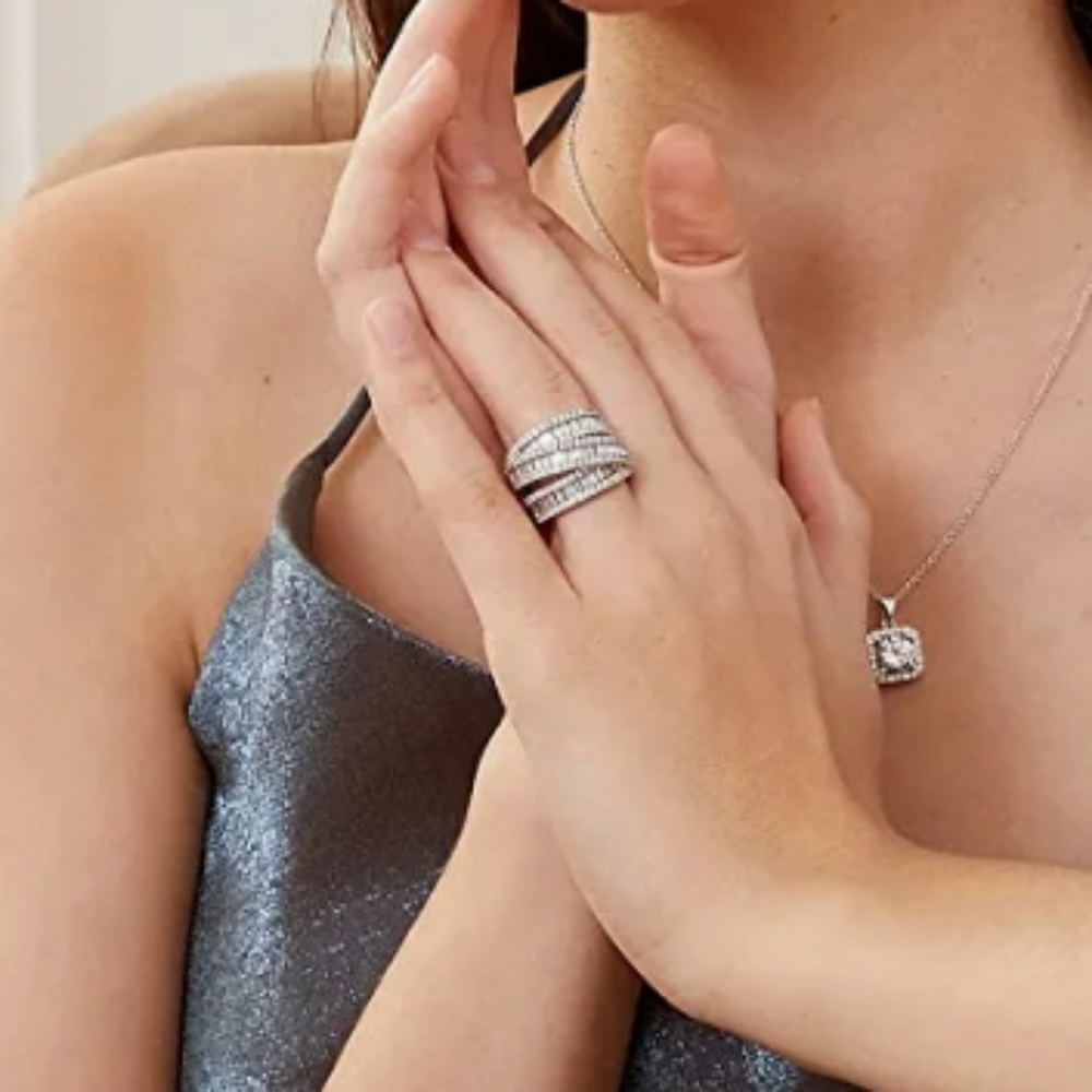 White Gold Plated Emerald Cut CZ Diamond Triple Wrap Ring NWT - Picture 4 of 5